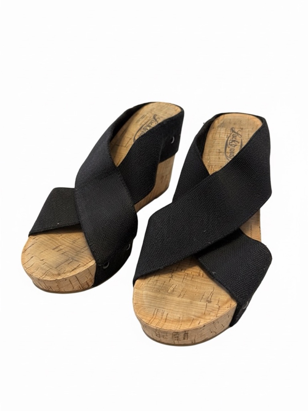 Lucky Brand Black Cork Crisscross Wedge Sandals